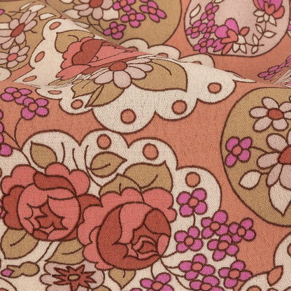 Italian Pink, Purple, and Cream Roses and Doilies Rayon Crepe Detail