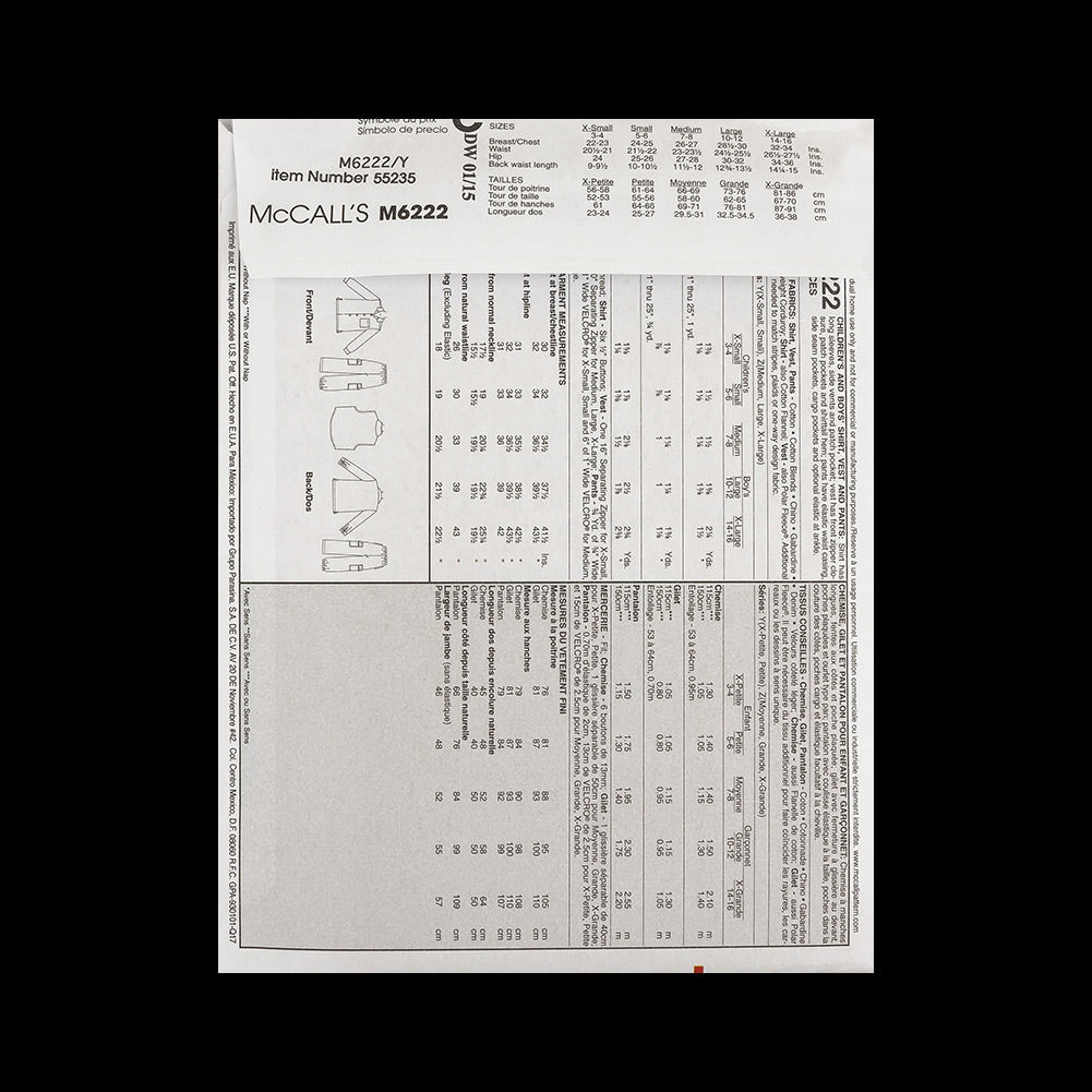 McCall's Boy's Shirt, Vest and Pants Pattern M6222 Size Y (XSM-SML) Detail
