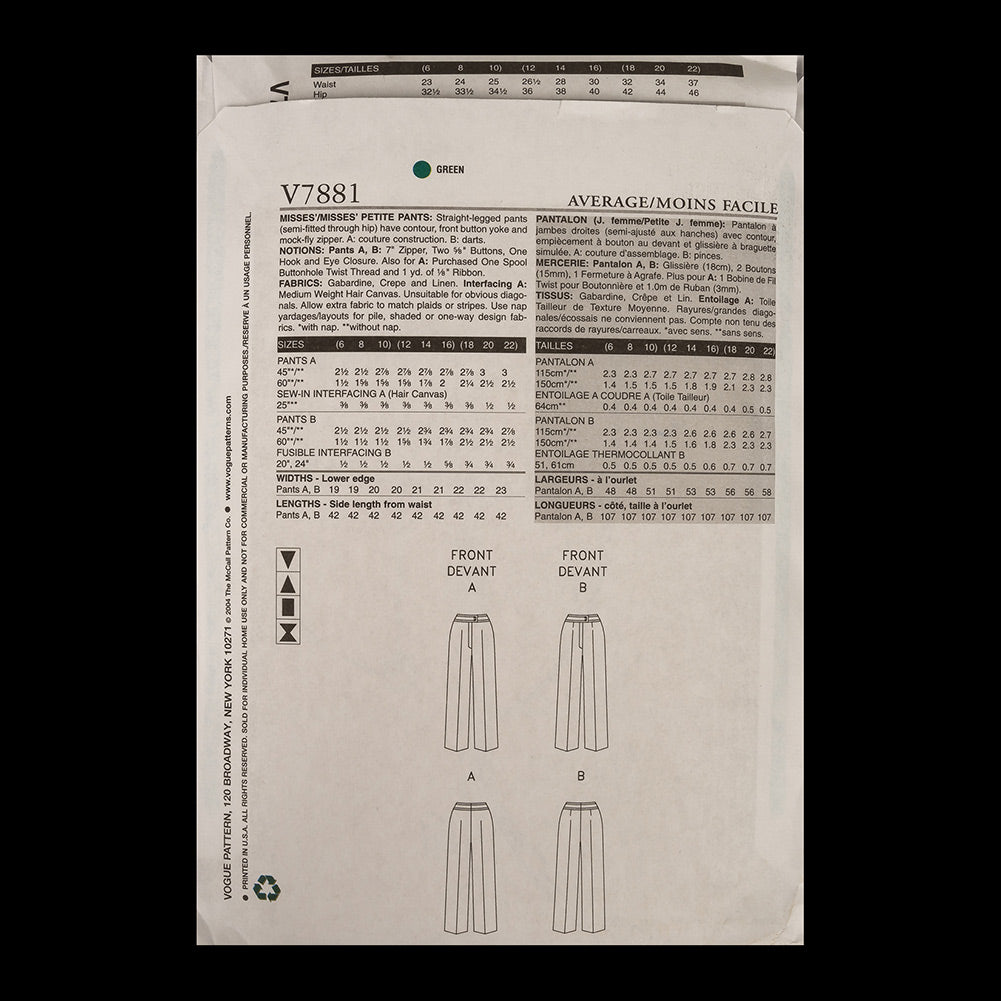 Vogue Misses' Pants Pattern V7881 Sizes 18,20,22 Detail