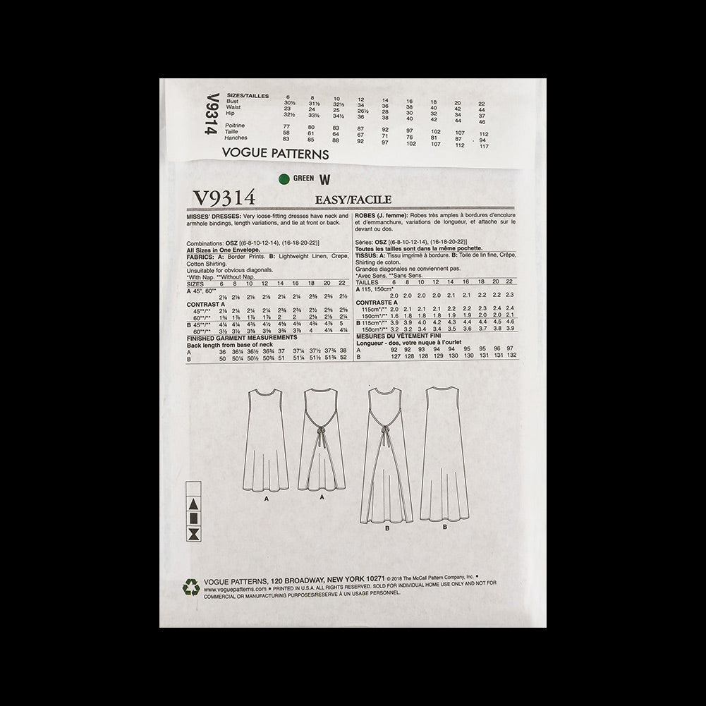 Vogue Kathryn Brenne Misses' Dresses Pattern V9314 Size OSZ (6-14, 16-22) Detail
