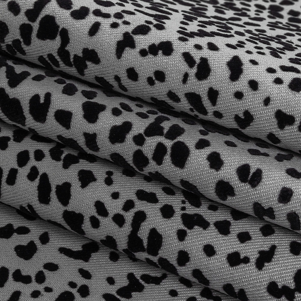 Gray and Black Cheetah Patterned Flocked Stretch Cotton Twill Folded