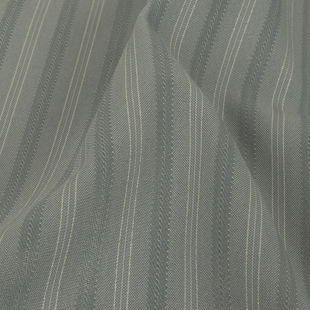 Cool Gray Satin-Faced Twill Stripes Stretch Polyester Suiting with Metallic White Pinstripes Detail