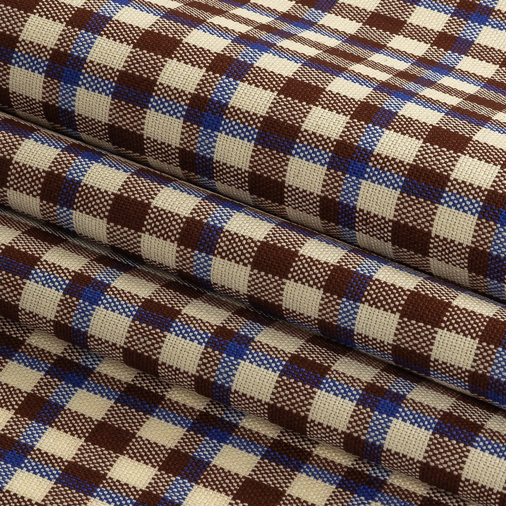 Italian Bone White, Brown and Blue Quartz Plaid Stretch Virgin Wool Suiting Folded