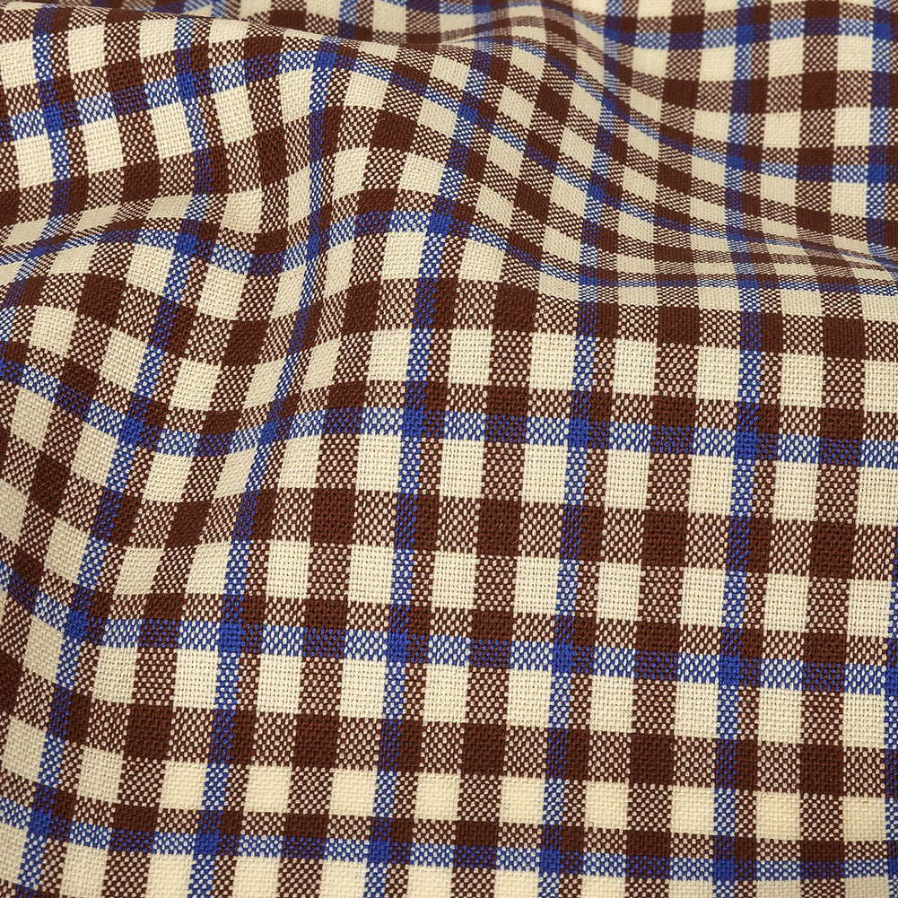 Italian Bone White, Brown and Blue Quartz Plaid Stretch Virgin Wool Suiting Detail