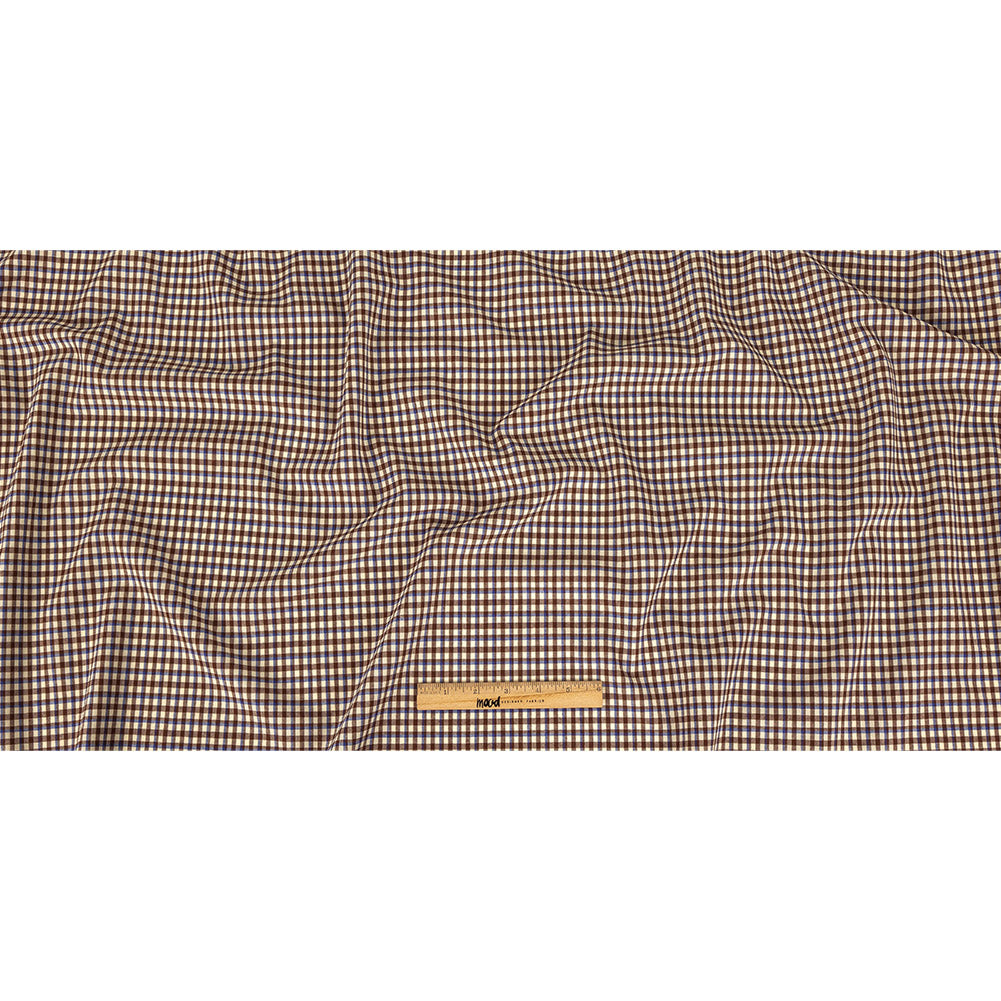 Italian Bone White, Brown and Blue Quartz Plaid Stretch Virgin Wool Suiting Full