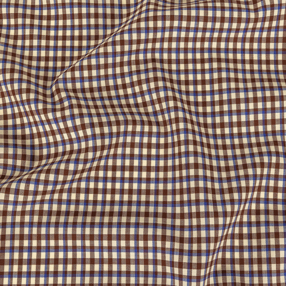 Italian Bone White, Brown and Blue Quartz Plaid Stretch Virgin Wool Suiting