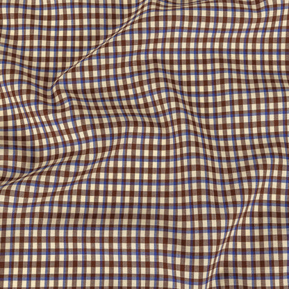 Italian Bone White, Brown and Blue Quartz Plaid Stretch Virgin Wool Suiting