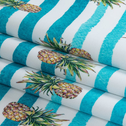 Compression Swimwear Tricot, UV Protective with Aloe Vera Microcapsules - Blue and White Painted Stripes and Pineapples - Caye Collection