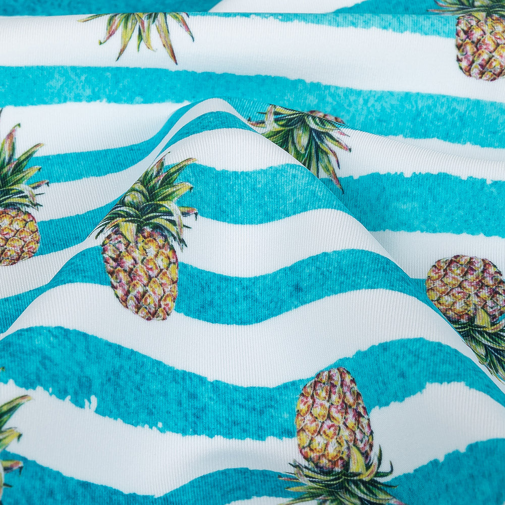 Compression Swimwear Tricot, UV Protective with Aloe Vera Microcapsules - Blue and White Painted Stripes and Pineapples - Caye Collection - Detail