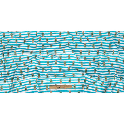 Compression Swimwear Tricot, UV Protective with Aloe Vera Microcapsules - Blue and White Painted Stripes and Pineapples - Caye Collection