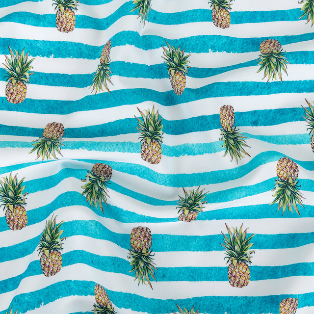 Compression Swimwear Tricot, UV Protective with Aloe Vera Microcapsules - Blue and White Painted Stripes and Pineapples - Caye Collection
