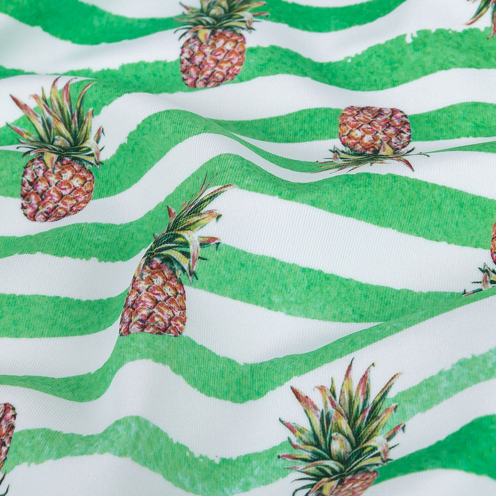 Compression Swimwear Tricot, UV Protective with Aloe Vera Microcapsules - Green and White Painted Stripes and Pineapples - Caye Collection