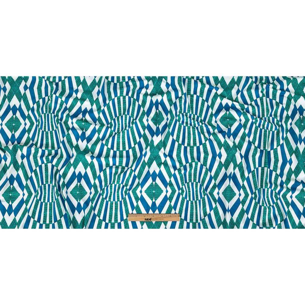 Traje de baño de compresión de tricot, con protección UV y microcápsulas de aloe vera - Estampado geométrico azul y verde azulado - Colección Caye