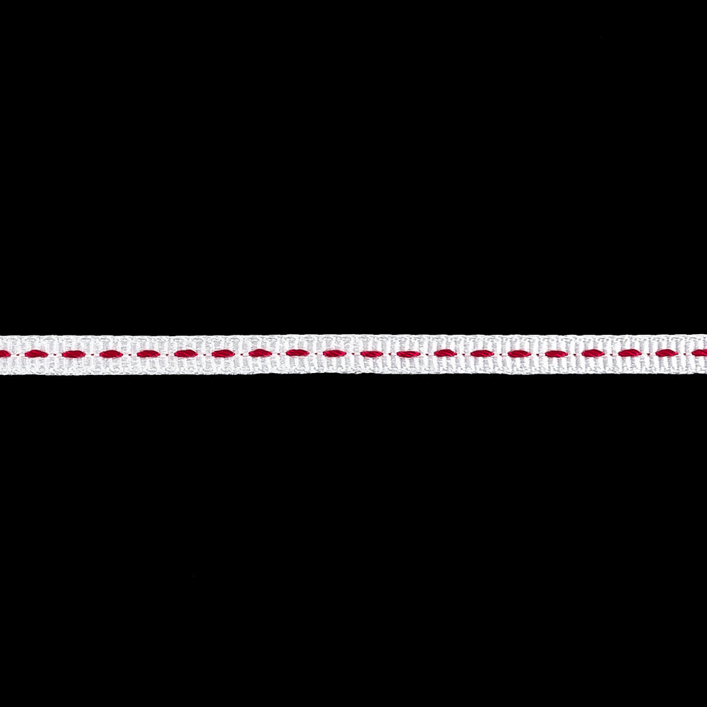 White Grosgrain Ribbon with Pink Stitching - 0.25" Detail