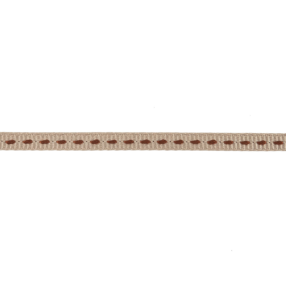 Tan Grosgrain Ribbon with Brown Stitching - 0.25" Detail
