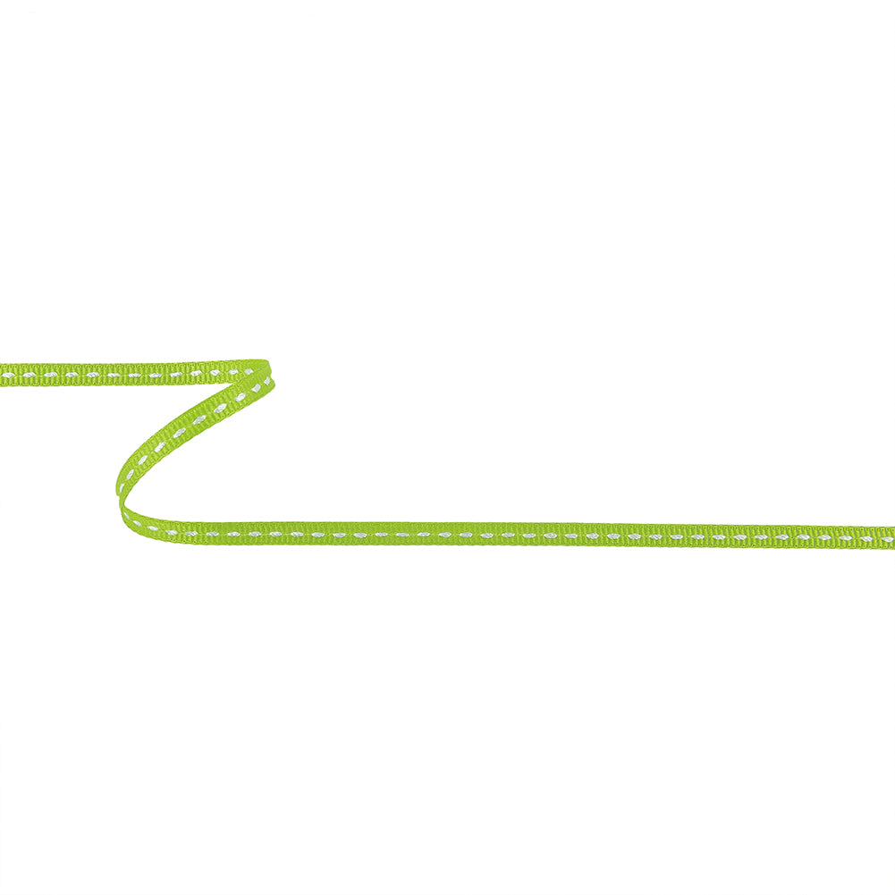 Lime Green Grosgrain Ribbon with Bright White Stitching - 0.25"