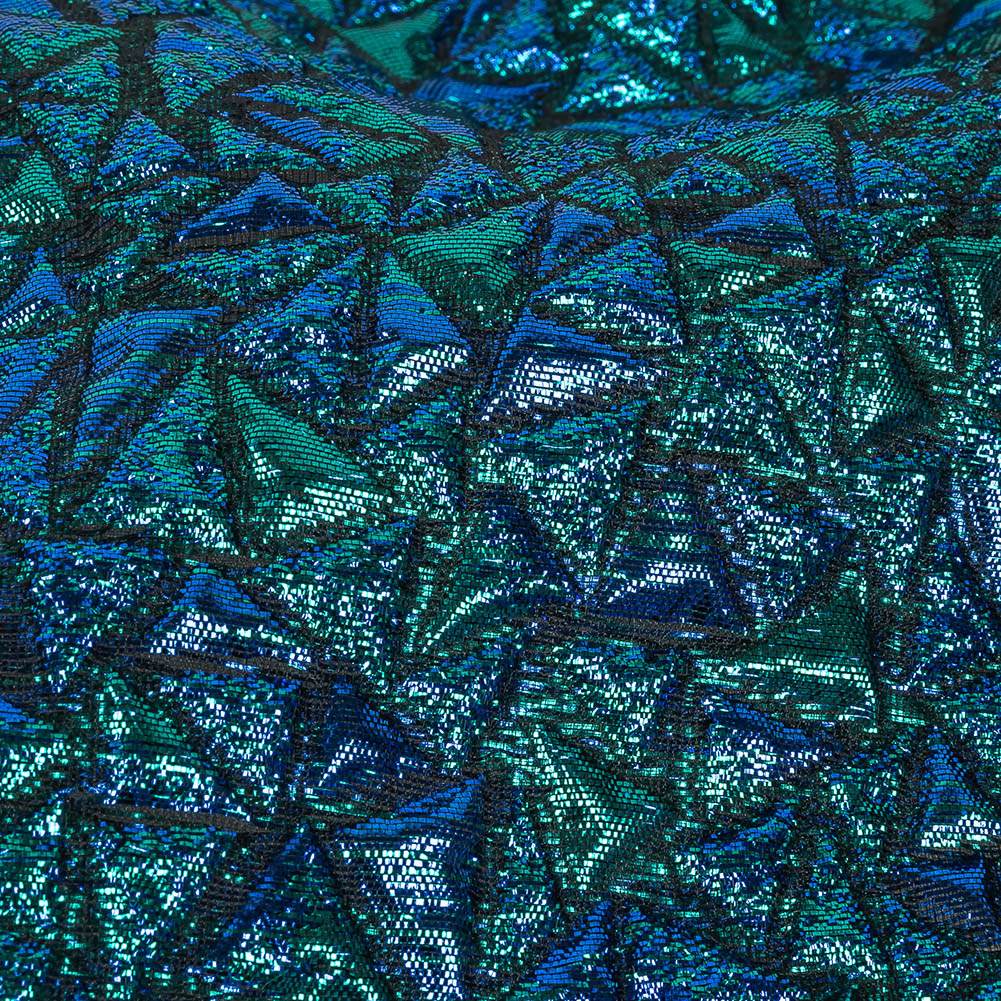 Mood Exclusive Metallic Royal Blue and Teal Tactile Triangles Luxury Brocade Detail