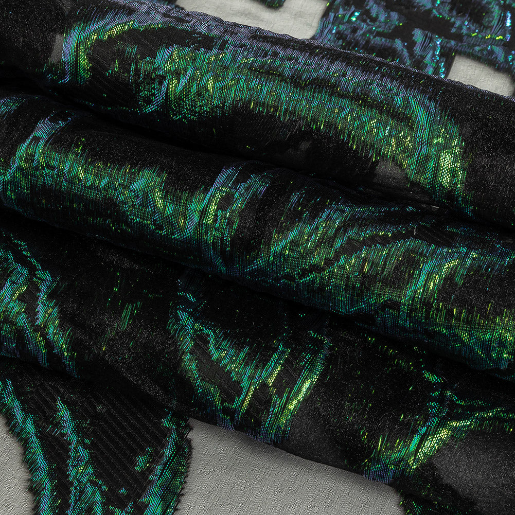 Mood Exclusive Metallic Iridescent Green and Black Mineral Veins Luxury Burnout Brocade Folded