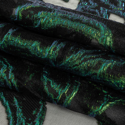 Mood Exclusive Metallic Iridescent Green and Black Mineral Veins Luxury Burnout Brocade Folded