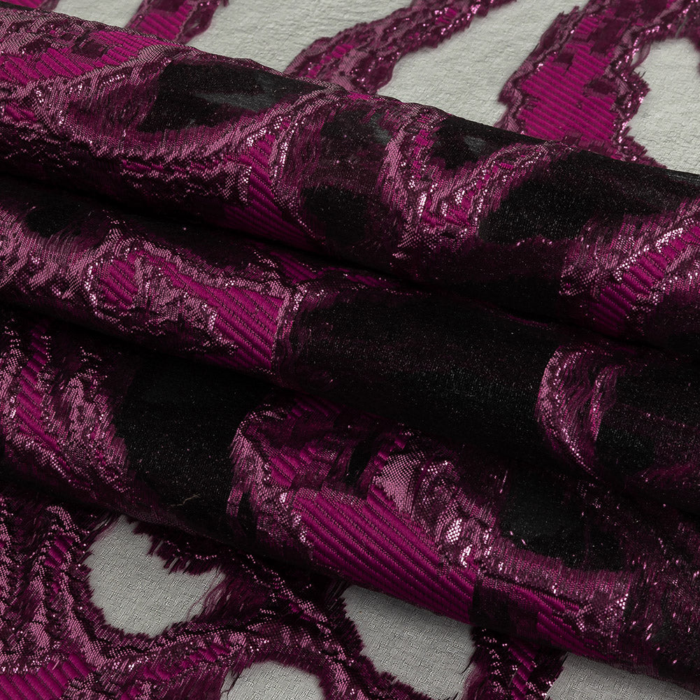 Mood Exclusive Metallic Raspberry Radiance and Black Mineral Veins Luxury Burnout Brocade Folded