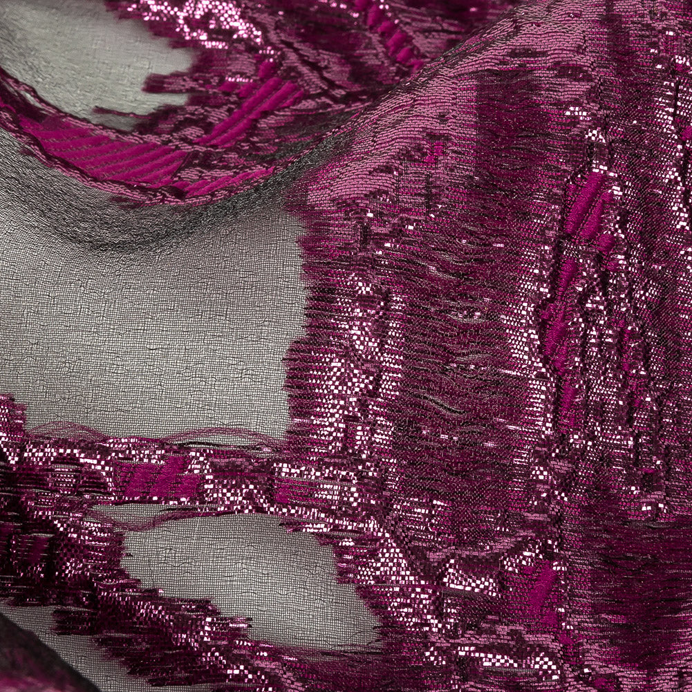 Mood Exclusive Metallic Raspberry Radiance and Black Mineral Veins Luxury Burnout Brocade Detail
