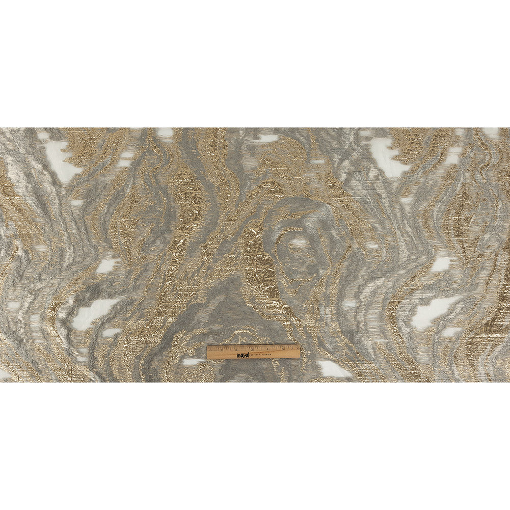 Mood Exclusive Metallic Gold, Gray and Beige Painterly Swirls Luxury Burnout Brocade Full