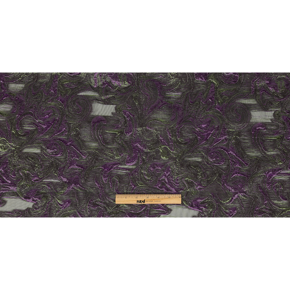 Mood Exclusive Metallic Plum Violet and Green Swirls Sheer Organza Luxury Brocade Full