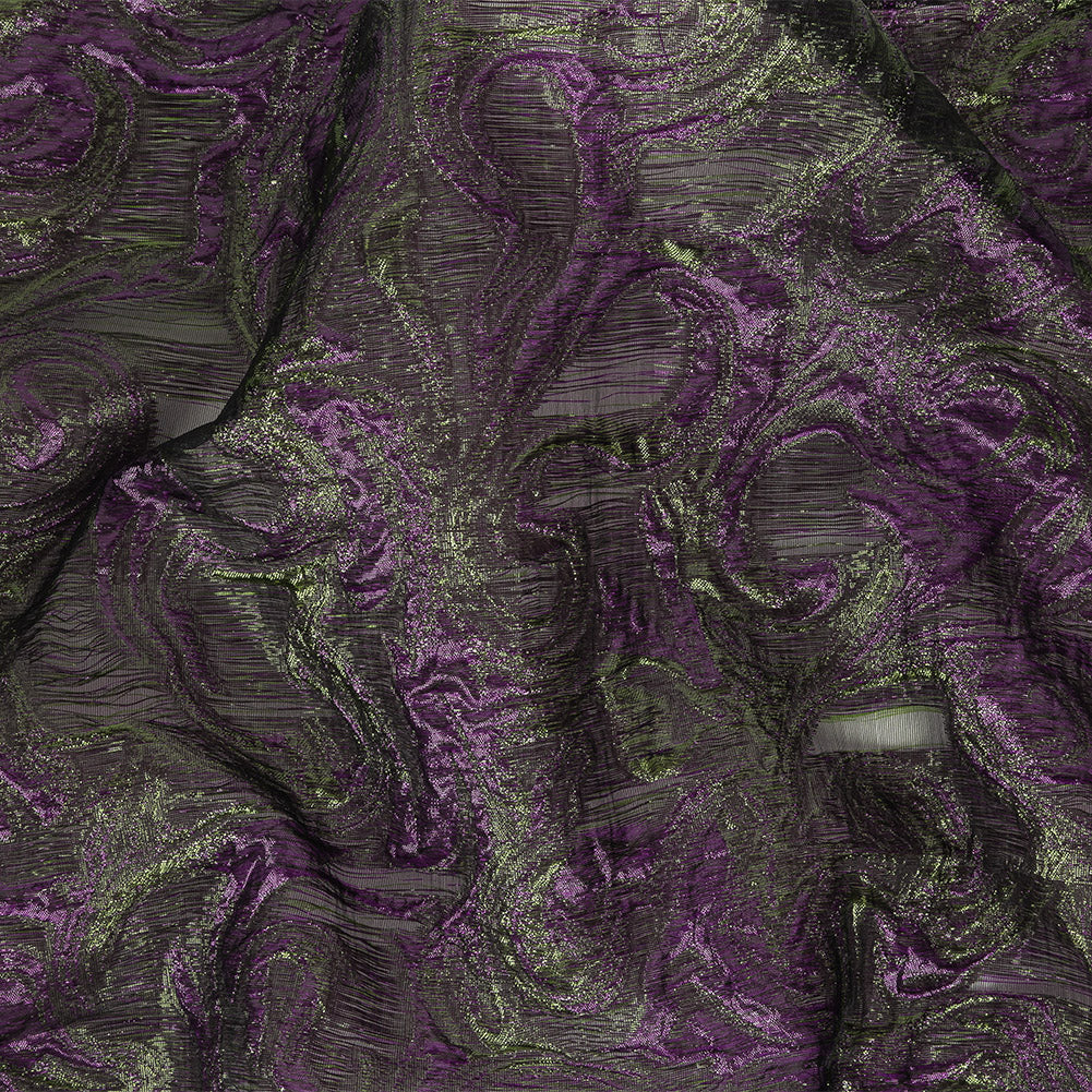 Mood Exclusive Metallic Plum Violet and Green Swirls Sheer Organza Luxury Brocade