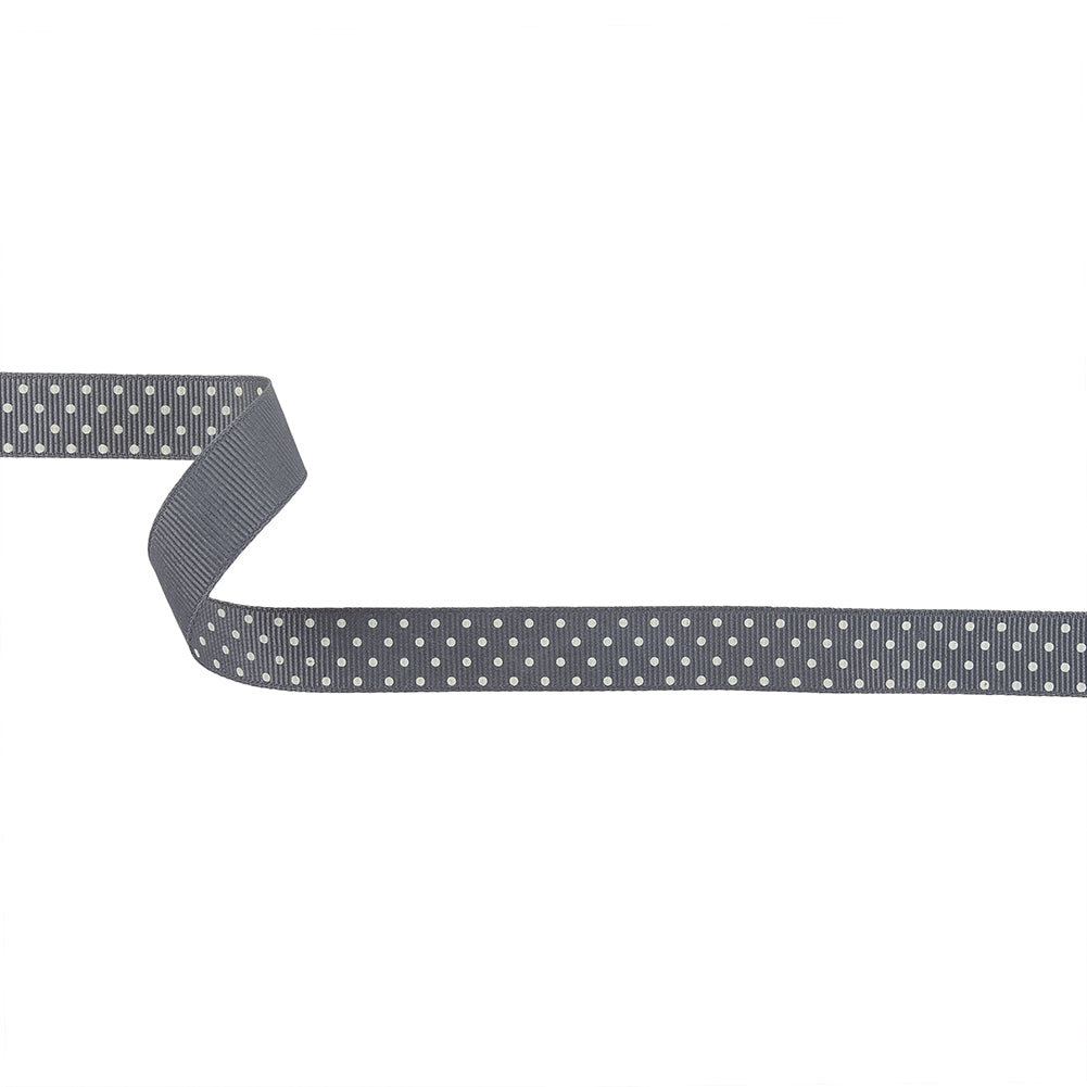 Steel Gray and White Polka Dots Grosgrain Ribbon - 0.625"