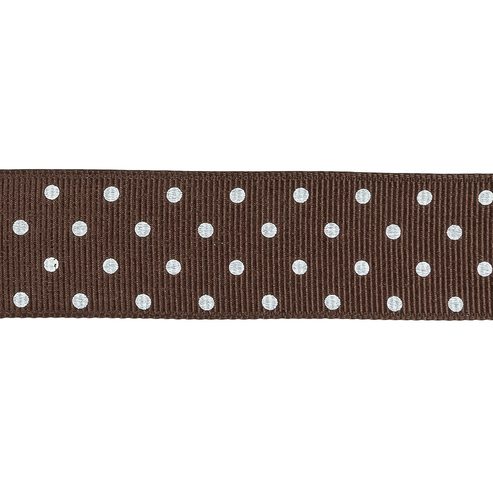 Chestnut and White Polka Dots Grosgrain Ribbon - 1" Detail