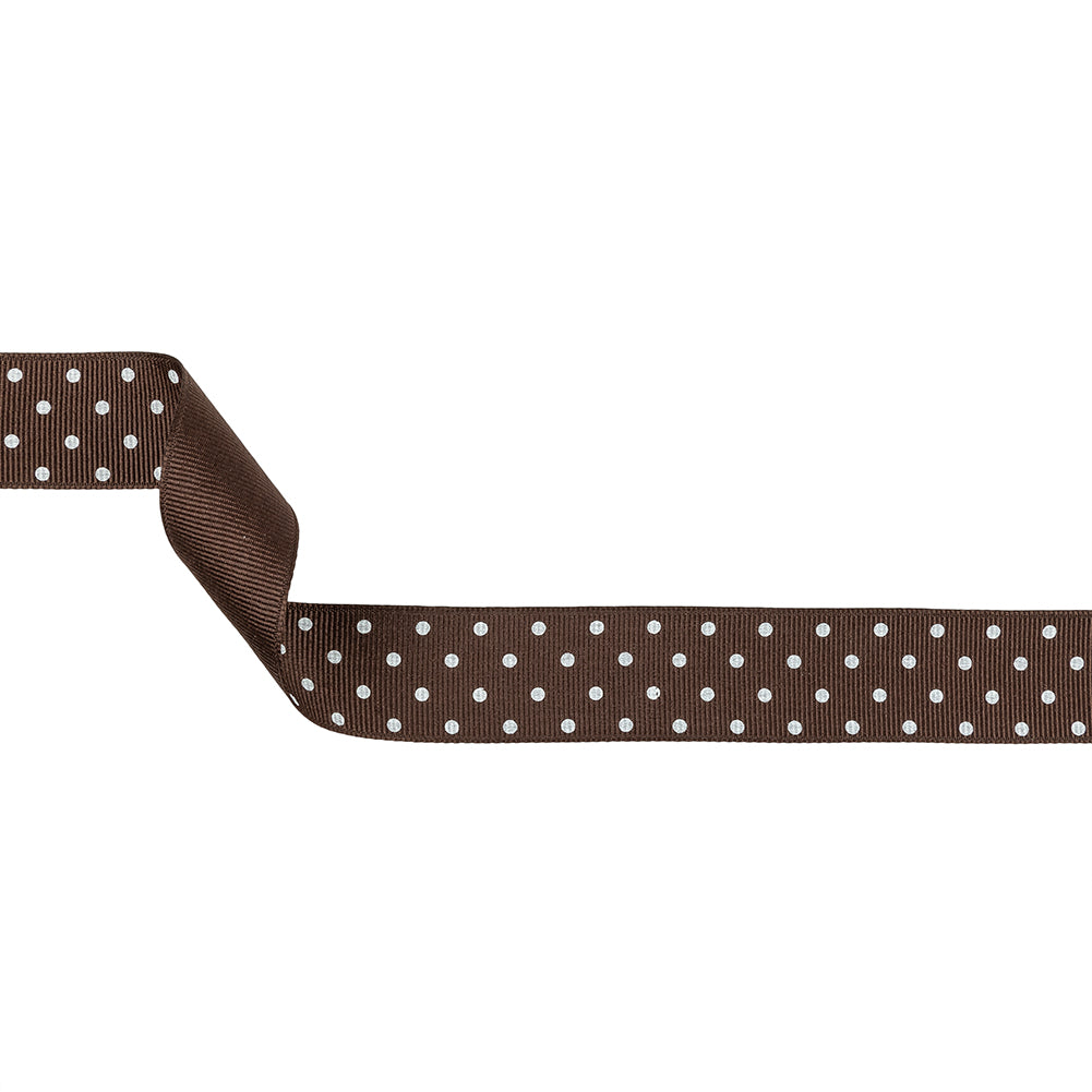 Chestnut and White Polka Dots Grosgrain Ribbon - 1"