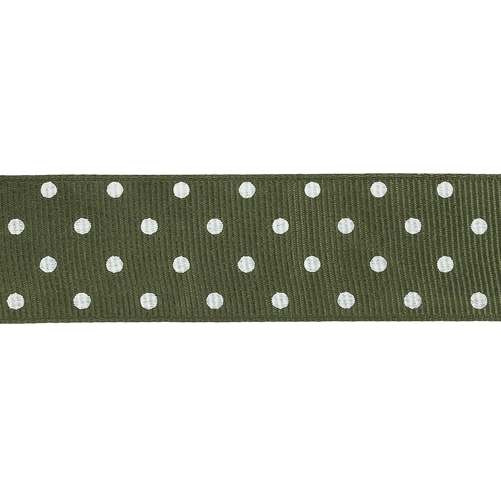 Pesto and White Polka Dots Grosgrain Ribbon - 1" Detail