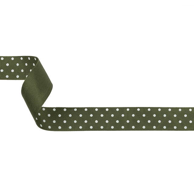 Pesto and White Polka Dots Grosgrain Ribbon - 1"