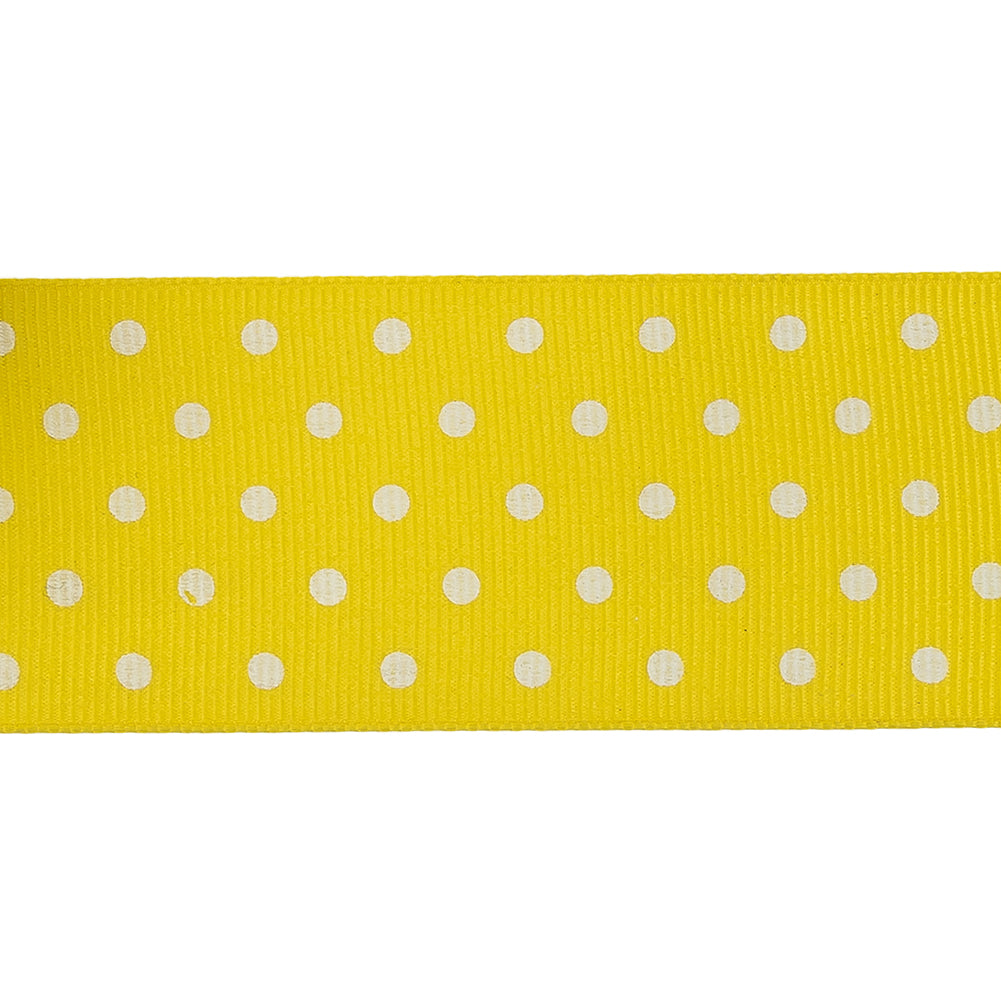 Blazing Yellow and White Polka Dots Grosgrain Ribbon - 1.625" Detail