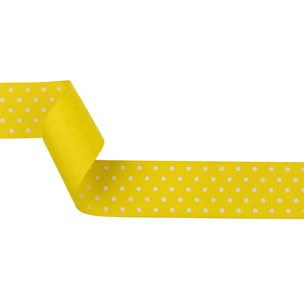 Blazing Yellow and White Polka Dots Grosgrain Ribbon - 1.625"