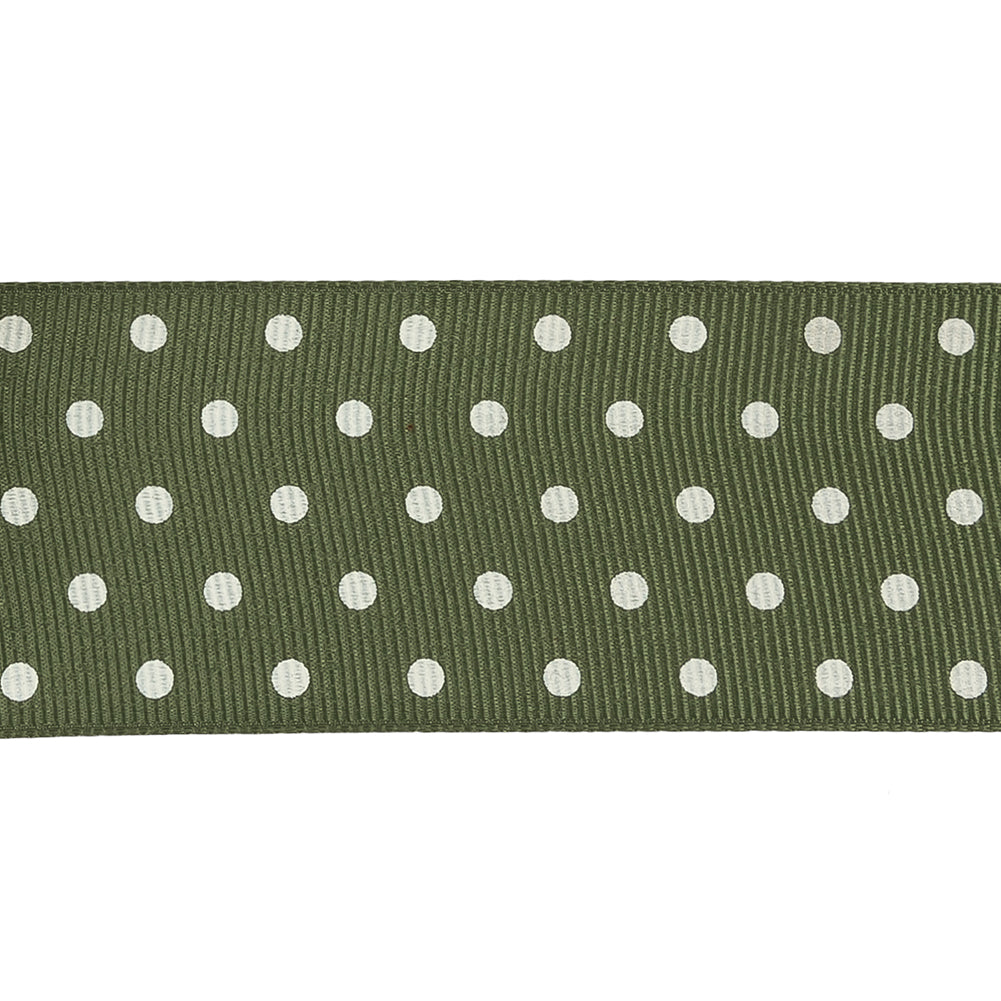 Pesto and White Polka Dots Grosgrain Ribbon - 1.625" Detail