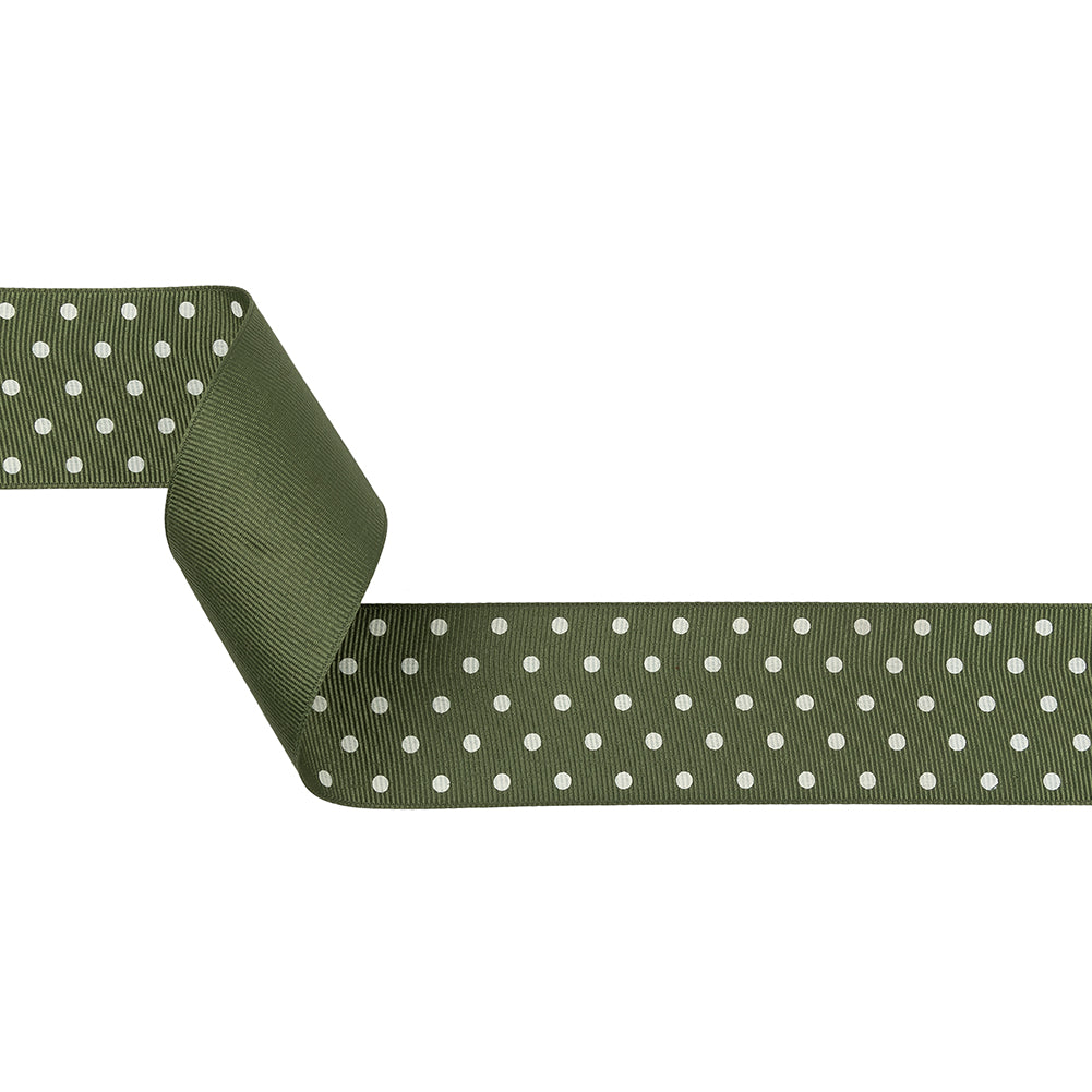 Pesto and White Polka Dots Grosgrain Ribbon - 1.625"