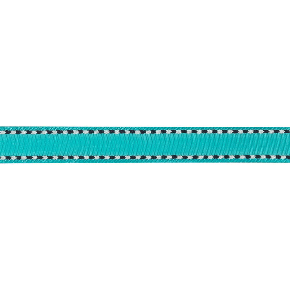 Turquoise Woven Ribbon with Navy and White Stitched Border - 0.375" Detail