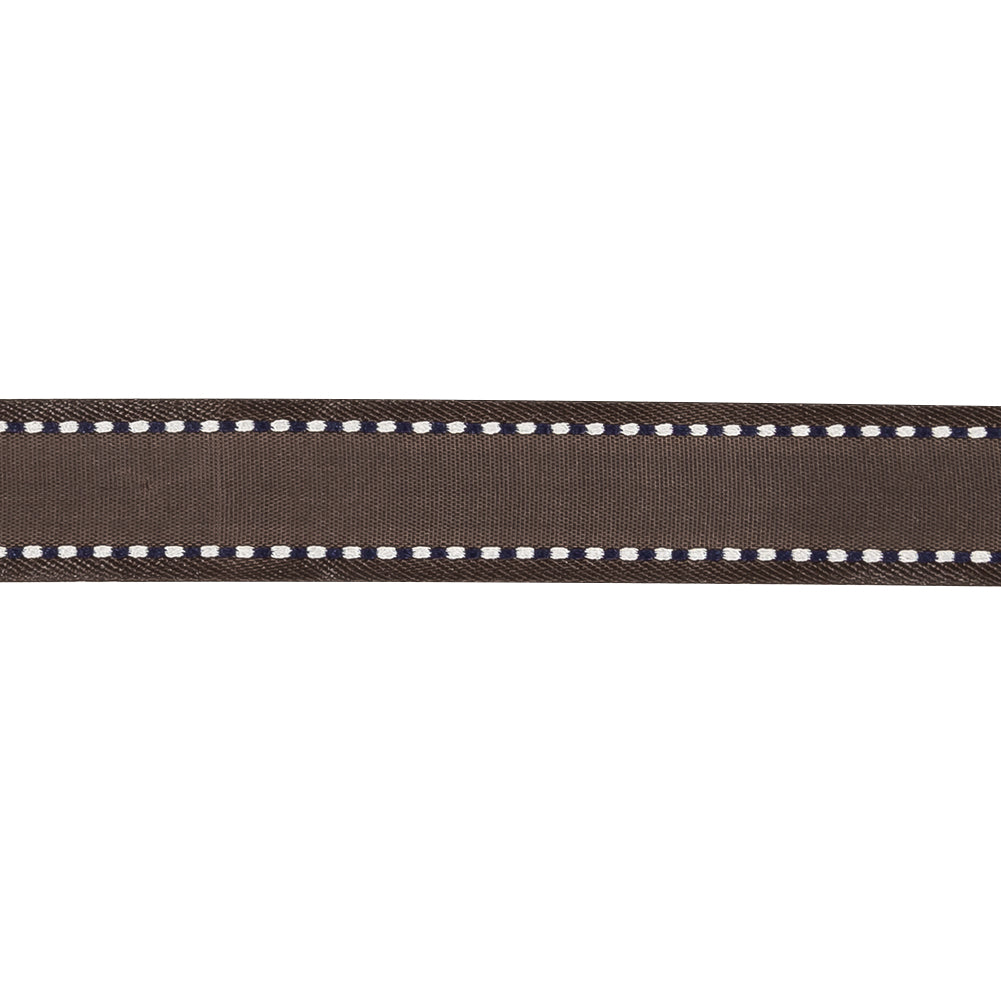 Fudge Woven Ribbon with Navy and White Stitched Border - 0.625" Detail