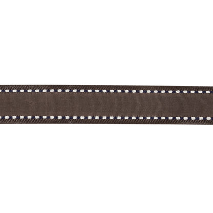 Fudge Woven Ribbon with Navy and White Stitched Border - 0.625" Detail