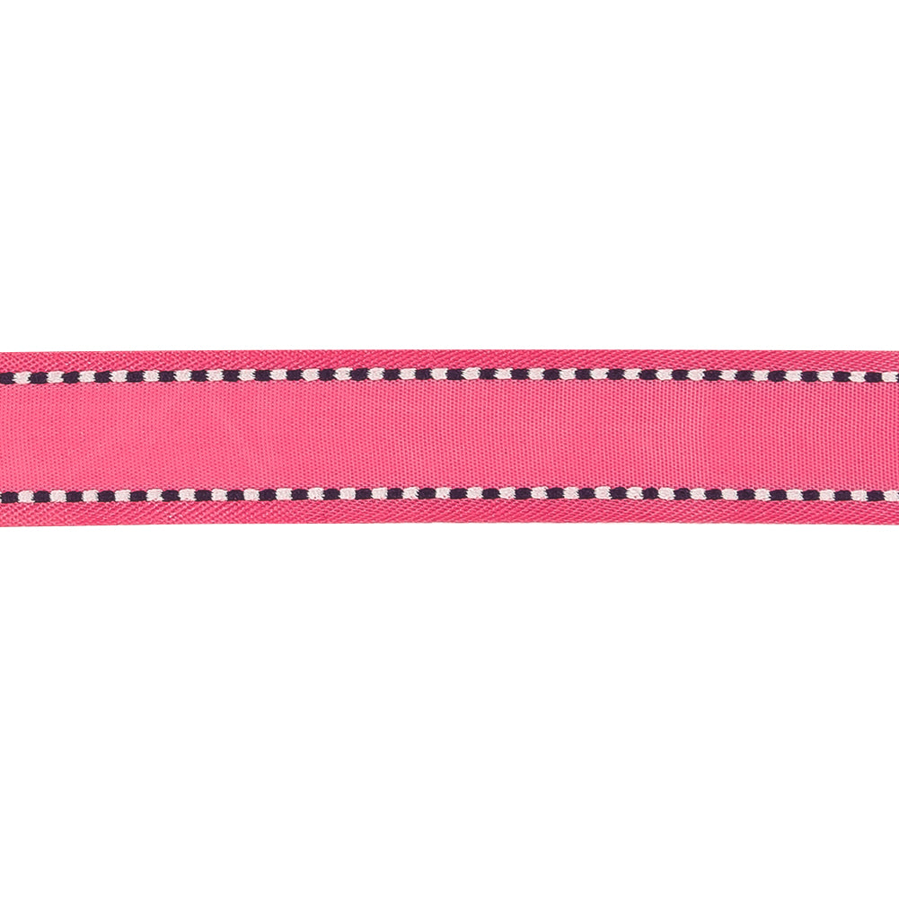 Hot Pink Woven Ribbon with Navy and White Stitched Border - 0.625" Detail