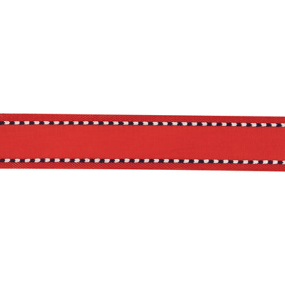 Red Woven Ribbon with Navy and White Stitched Border - 0.625" Detail