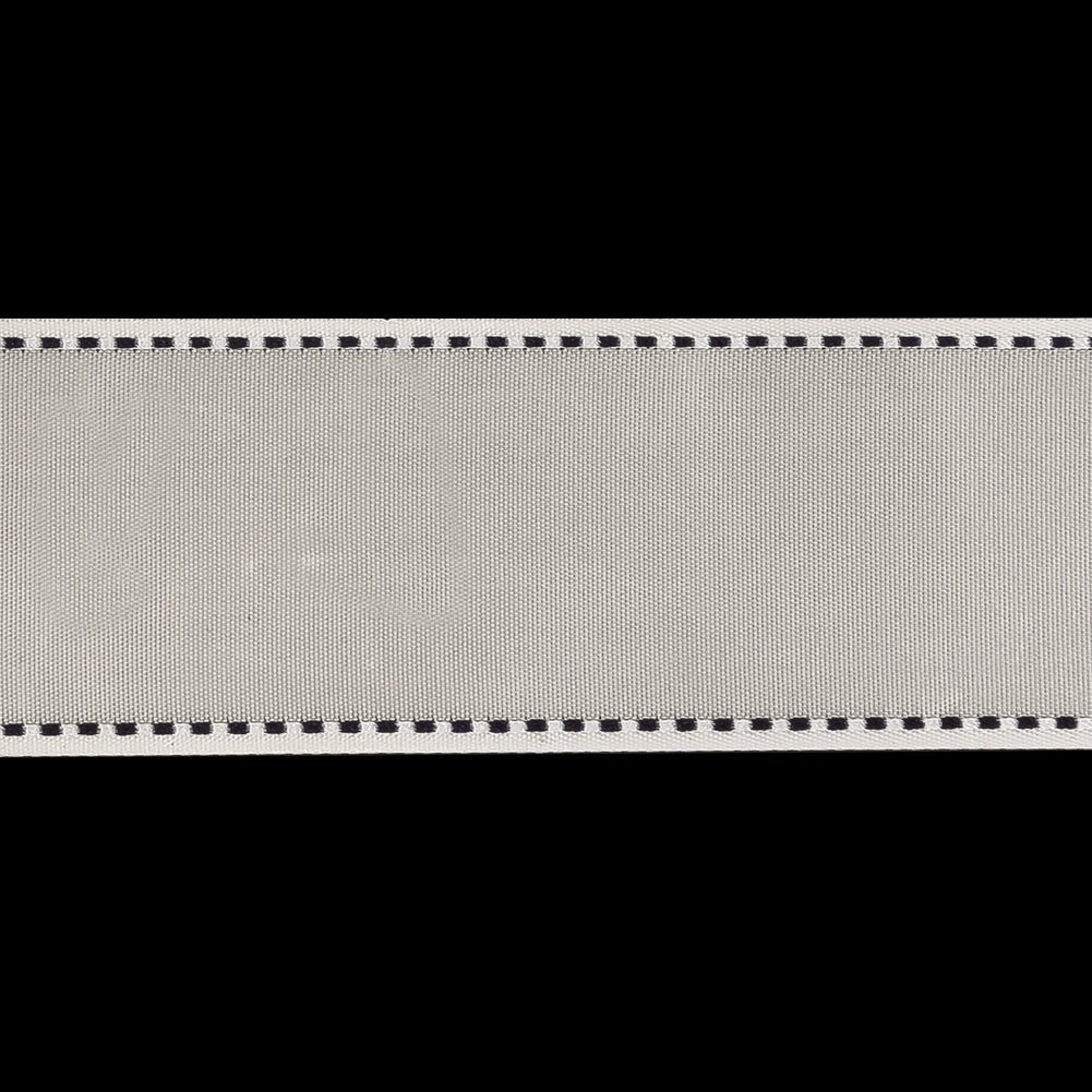 White Woven Ribbon with Black and White Stitched Border - 1.375" Detail