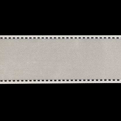 White Woven Ribbon with Black and White Stitched Border - 1.375" Detail