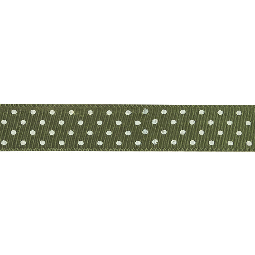 Olive and White Polka Dots Satin Ribbon - 0.625" Detail