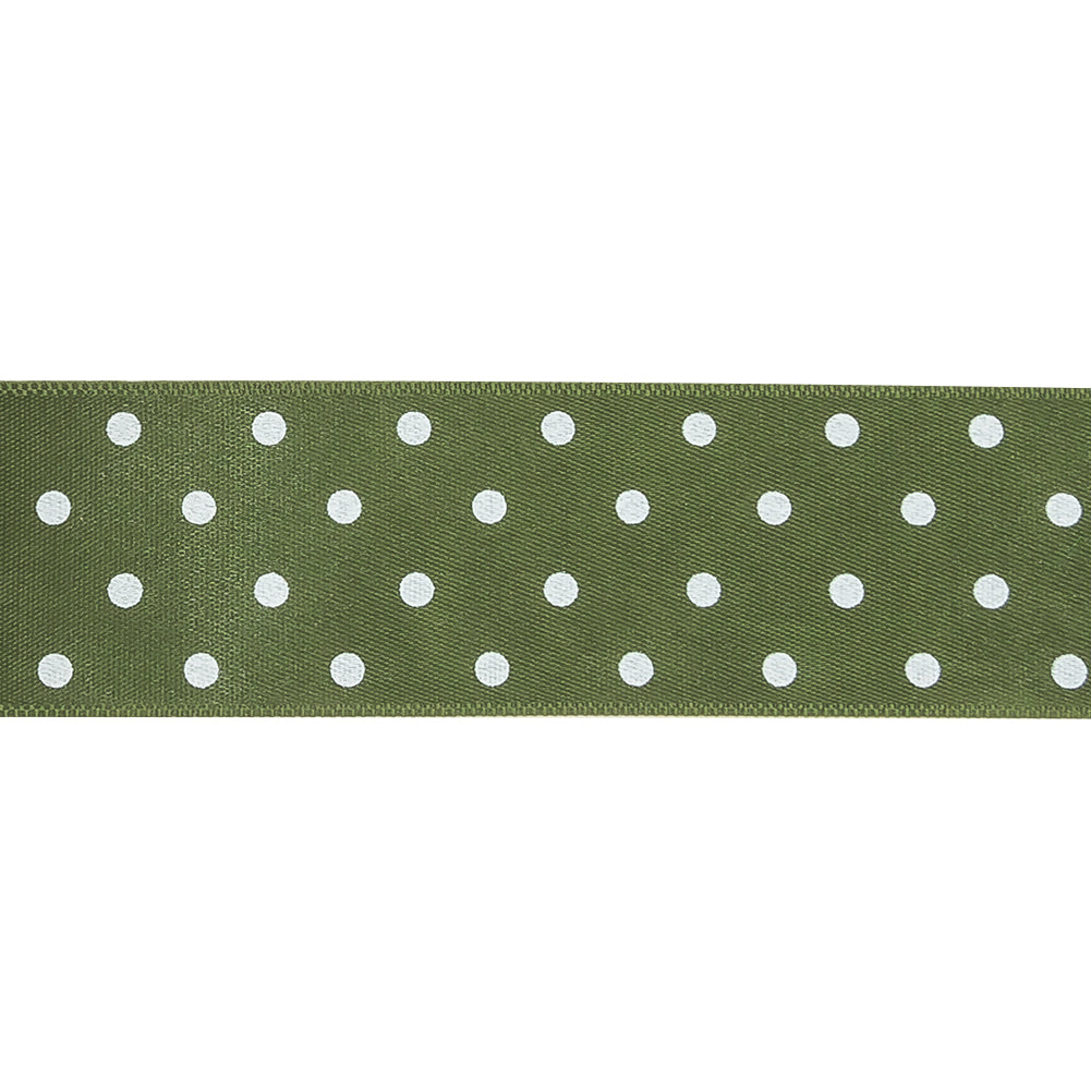 Olive and White Polka Dots Satin Ribbon - 1" Detail
