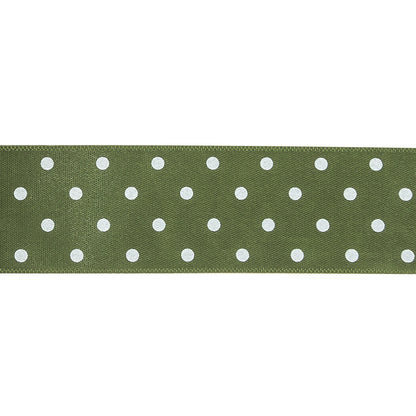 Olive and White Polka Dots Satin Ribbon - 1" Detail