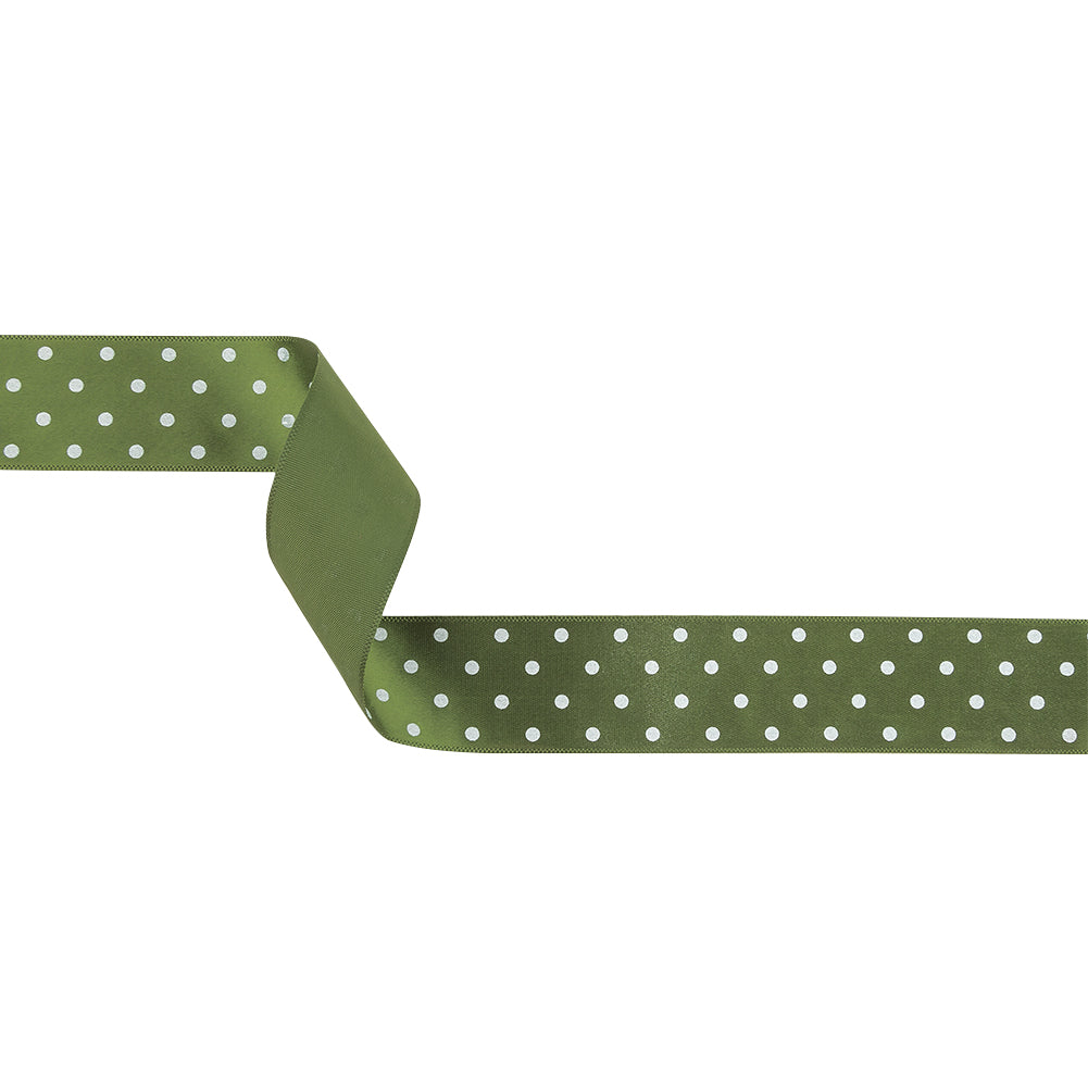 Olive and White Polka Dots Satin Ribbon - 1"