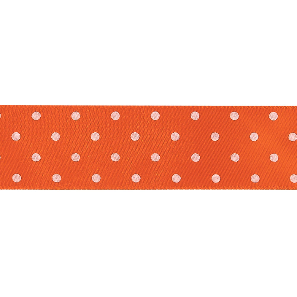 Carrot and Bright White Polka Dots Satin Ribbon - 1" Detail
