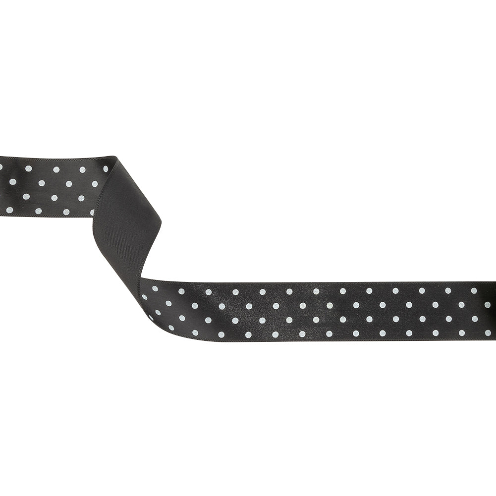 Black and Bright White Polka Dots Satin Ribbon - 1"